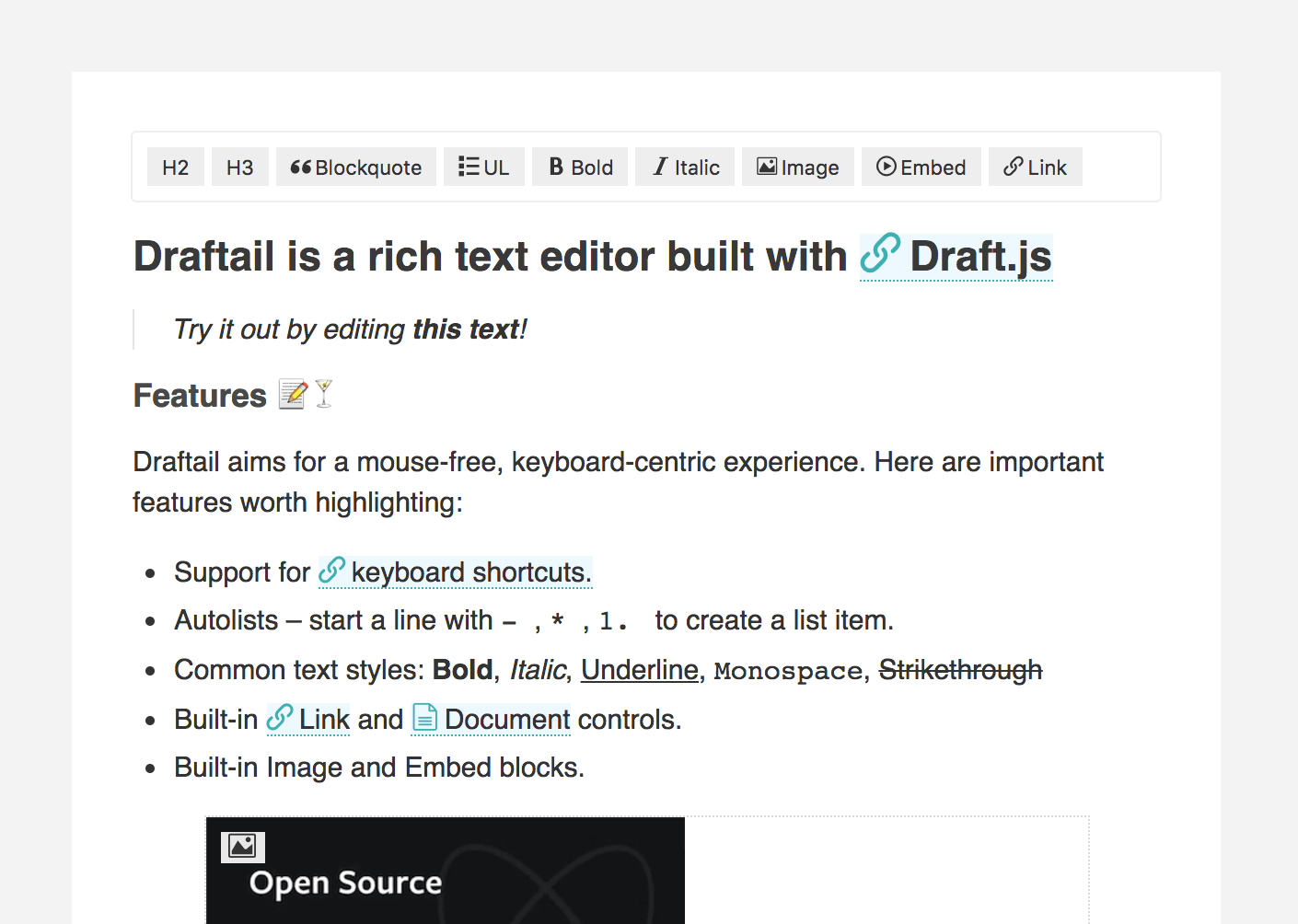 Rich text. Draft js example. Best React text Editor.