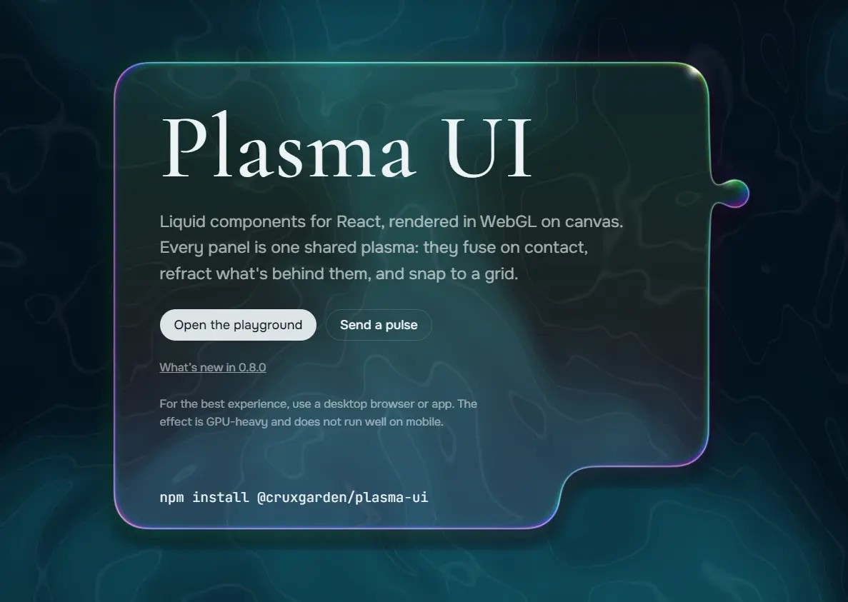 Plasma UI: WebGL Liquid Panels for React Workspaces | Reactscript